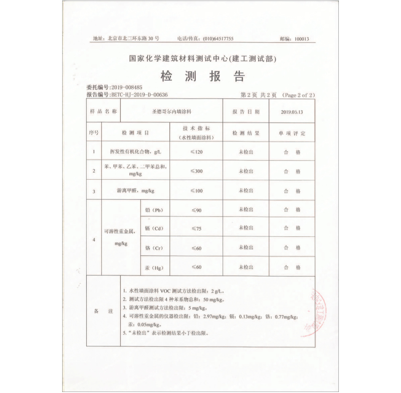 圣德哥爾內墻涂料檢測報告